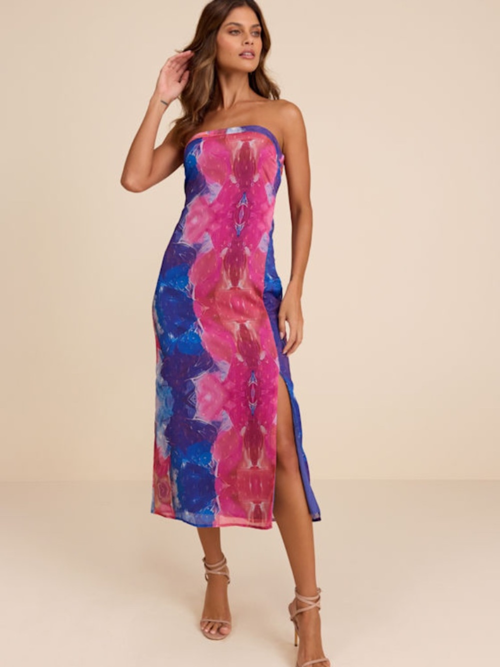 Lulus Bethany Blue Multi Clip Dot Strapless Cutout Midi Dress - Size XL